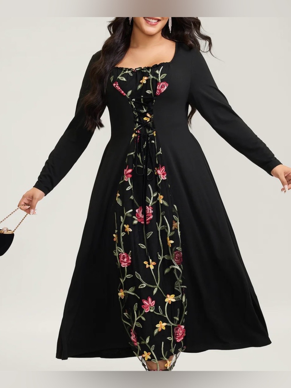 BloomChic Black Corset Lace Up Maxi Dress Pink Green Yellow Floral Embroidery 28